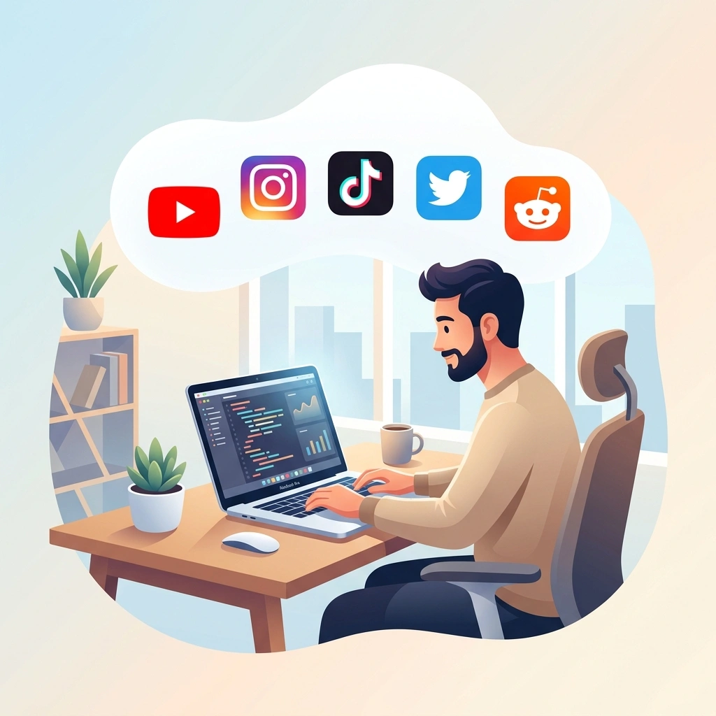 Person looking at laptop with social media distraction icons floating above head